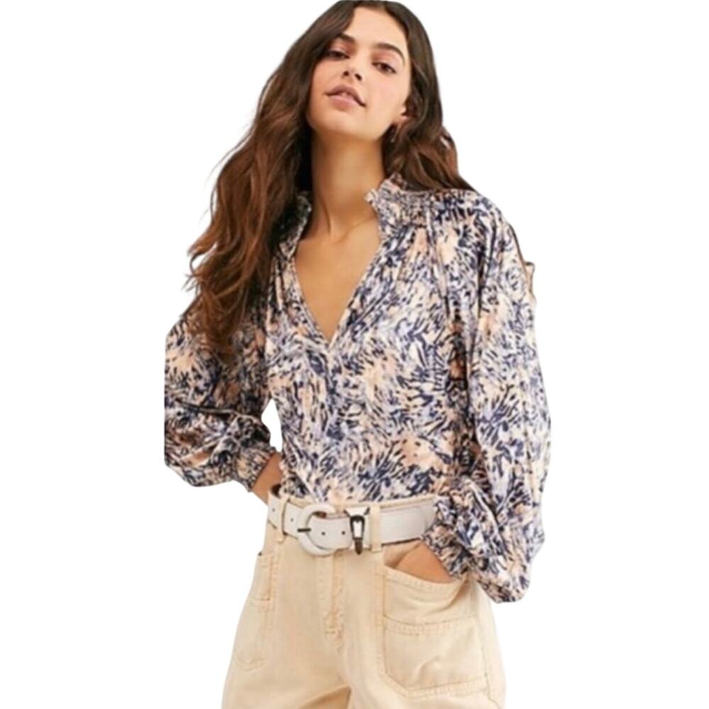 NWT FREE PEOPLE Go Get ‘Em Tiger Blue and Tan Printed Velvet Top